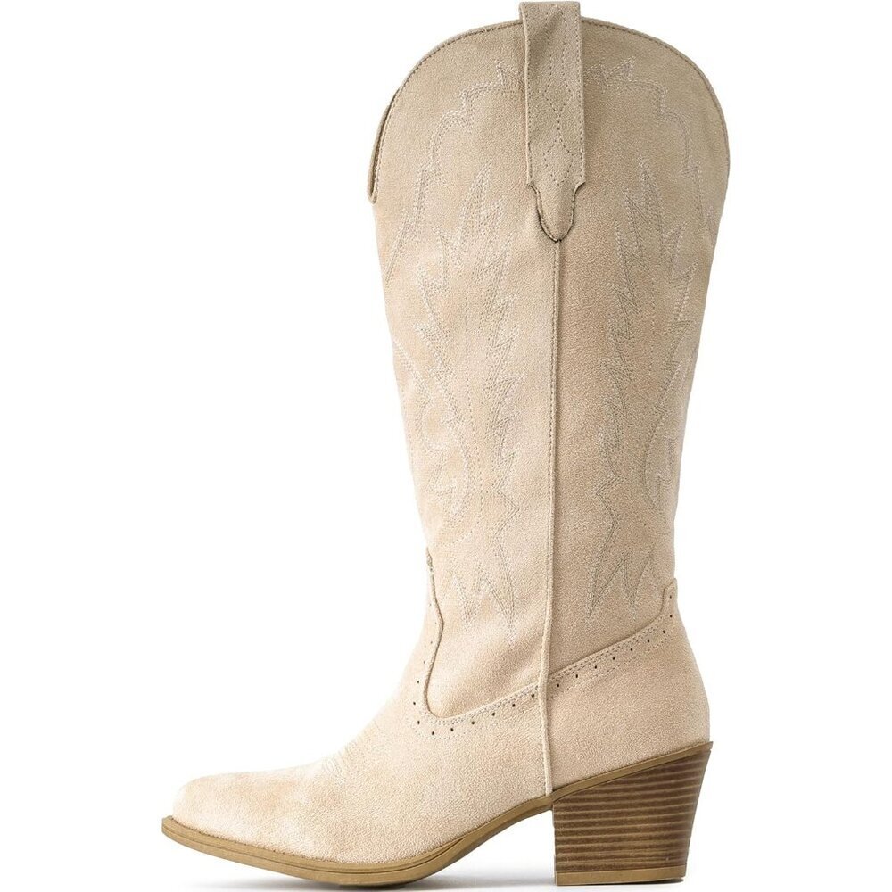 Women Camel Chunky Heel Pointed Toe Cowgirl Mid Calf Embroidery Western Boots - Picture 5 of 6